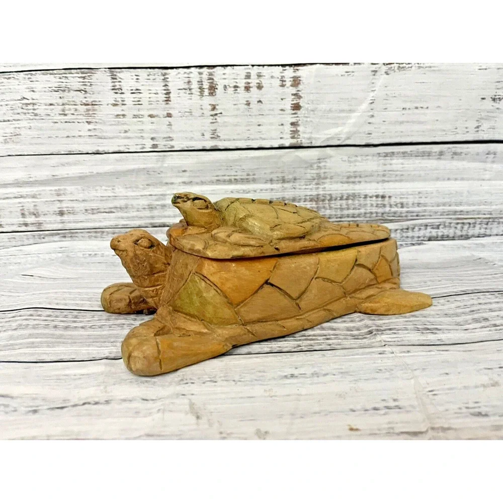 Hand Carved Crafted Wooden Sea Turtle Mom Carrying Baby 2pc Box with Lid Art